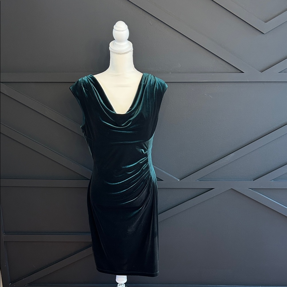 Anne Klein Green Velour, Cowelneck Dress, Size 6